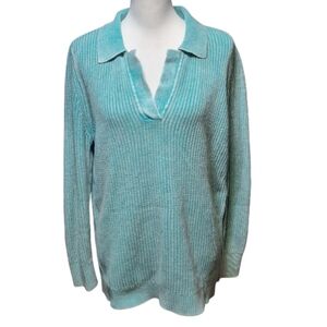 Soft Surroundings Womens M Sun Washed Blue Chinky Rib Knit Sweater Coastal